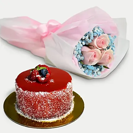 Lovely Pink Rose Baby Breath Bouquet With Mini Cheese Cake