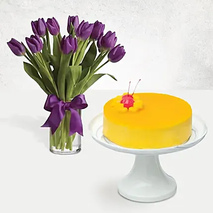 Mango Mousse Cake & Royal Purple Tulips