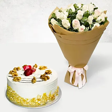 Mocha Cake and Peach Rose Bouquet