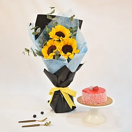 Bright Sunflower Bouquet With Cake