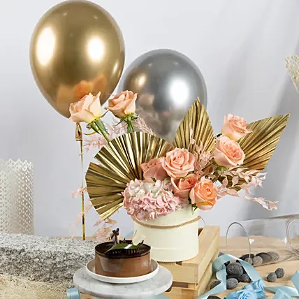 Shimmers Flowers Box with Balloons and Cake