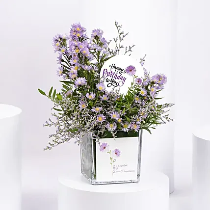 September Birthday Aster Flowers Wishes in Vase