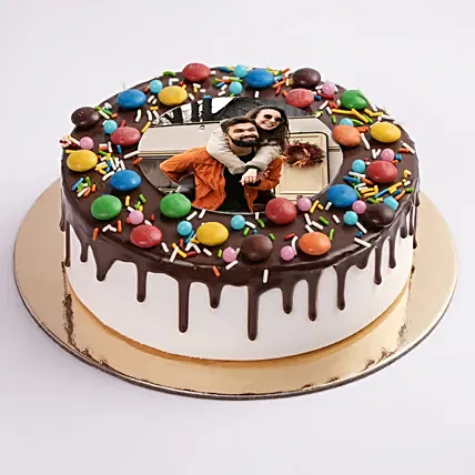 Chocolate Drip Mnm Photo Cake For Anniversary 6 Inches